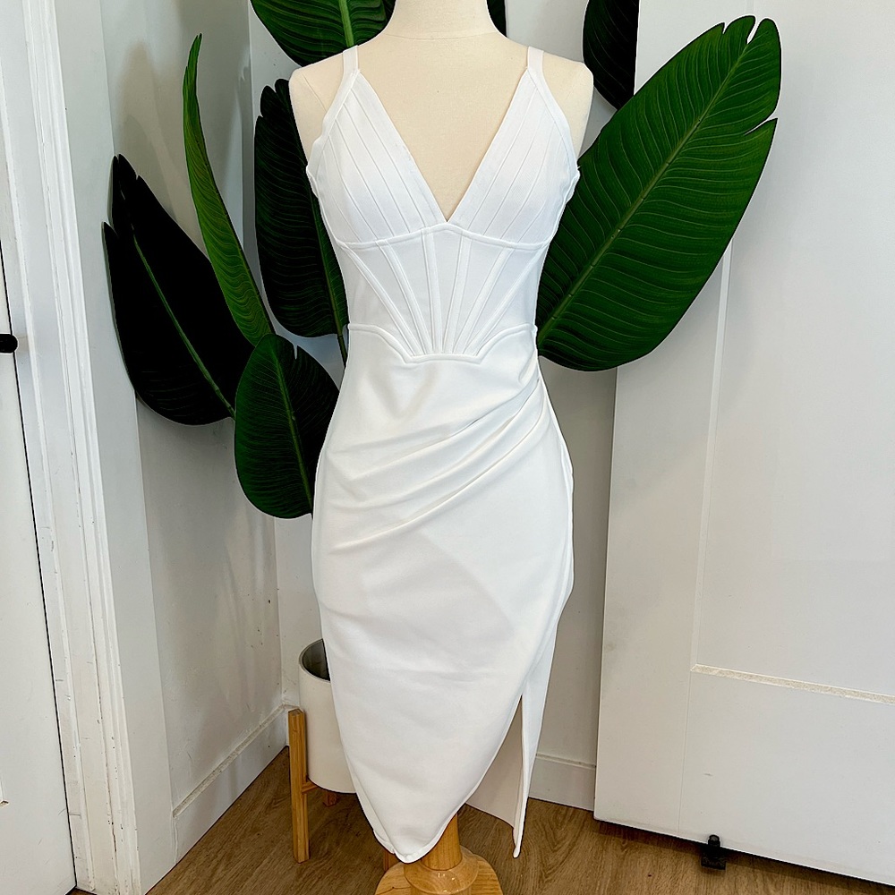 ADYCE White V-neck Split Thigh Backless Bodycon Bandage Dress, Size: S